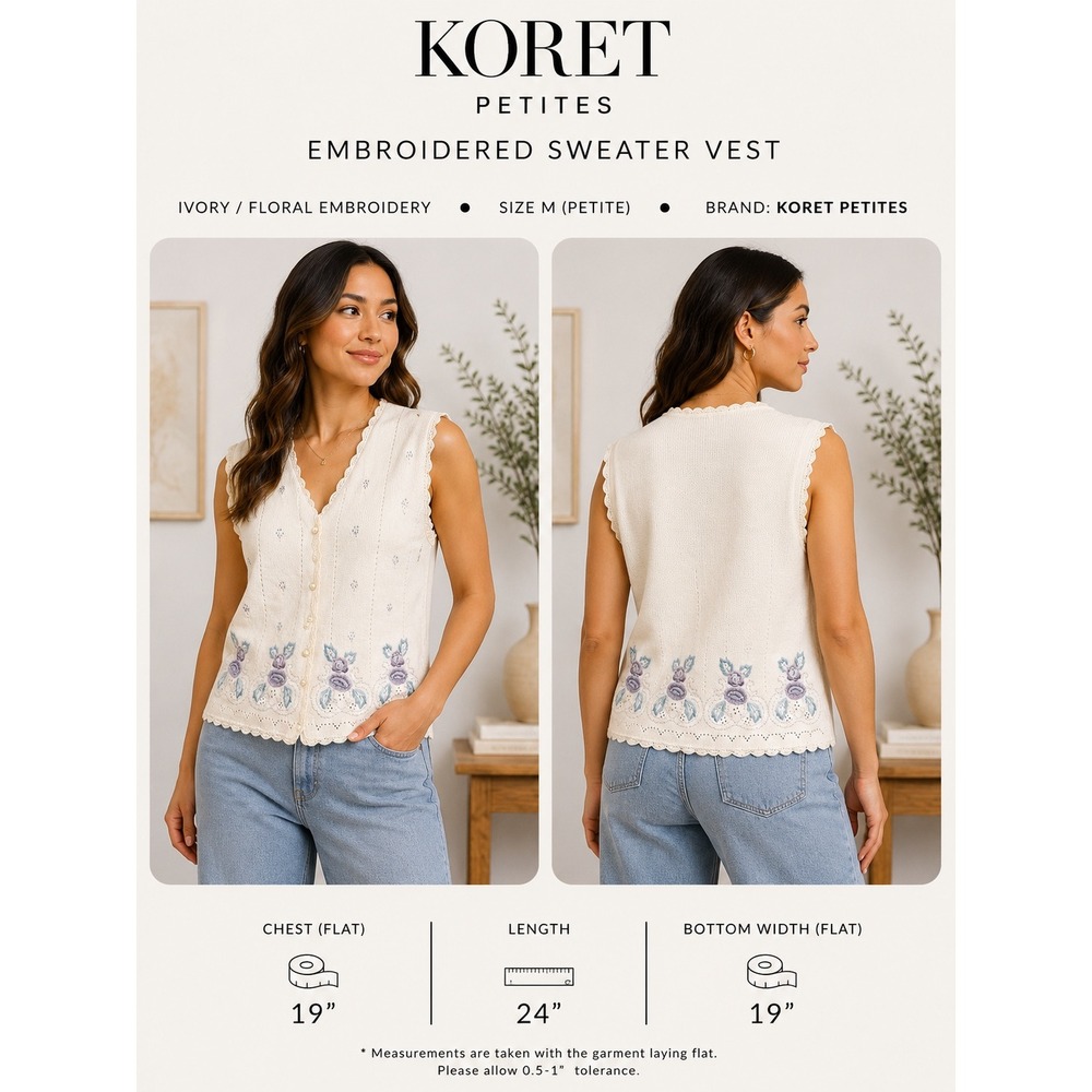Koret Petites Vintage Cream Floral Embroidered Knit Sweater Vest SzM Cottagecore